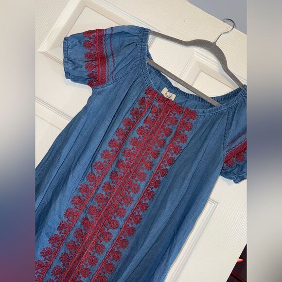Madewell Embroidered Indigo Mercado Chambray Off Shoulder Dress NO BELT EUC S - Picture 3 of 8